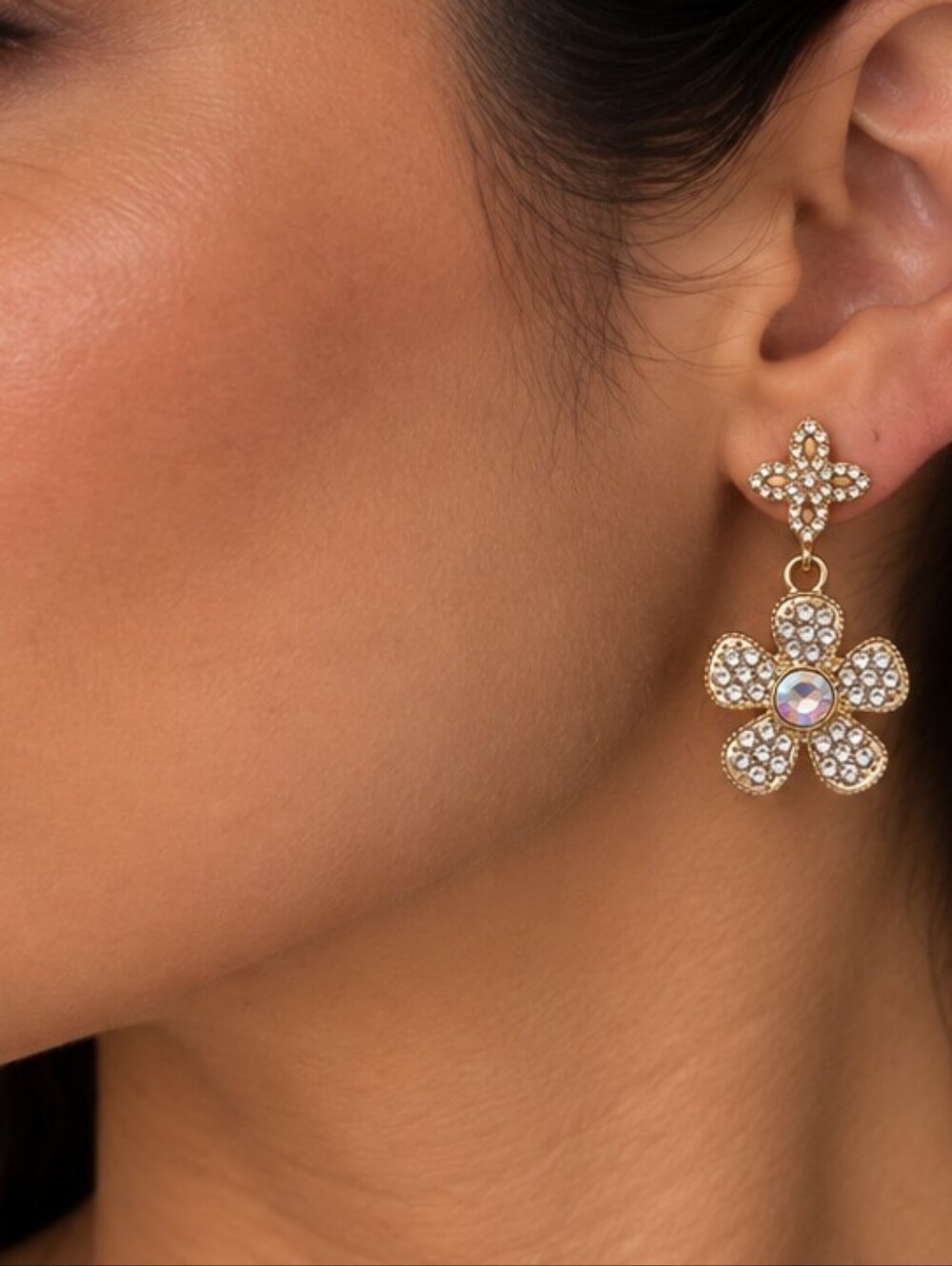 💎 Gold Tone Rhinestone Flower Drop Earrings AB Crystal Floral Statement EUC